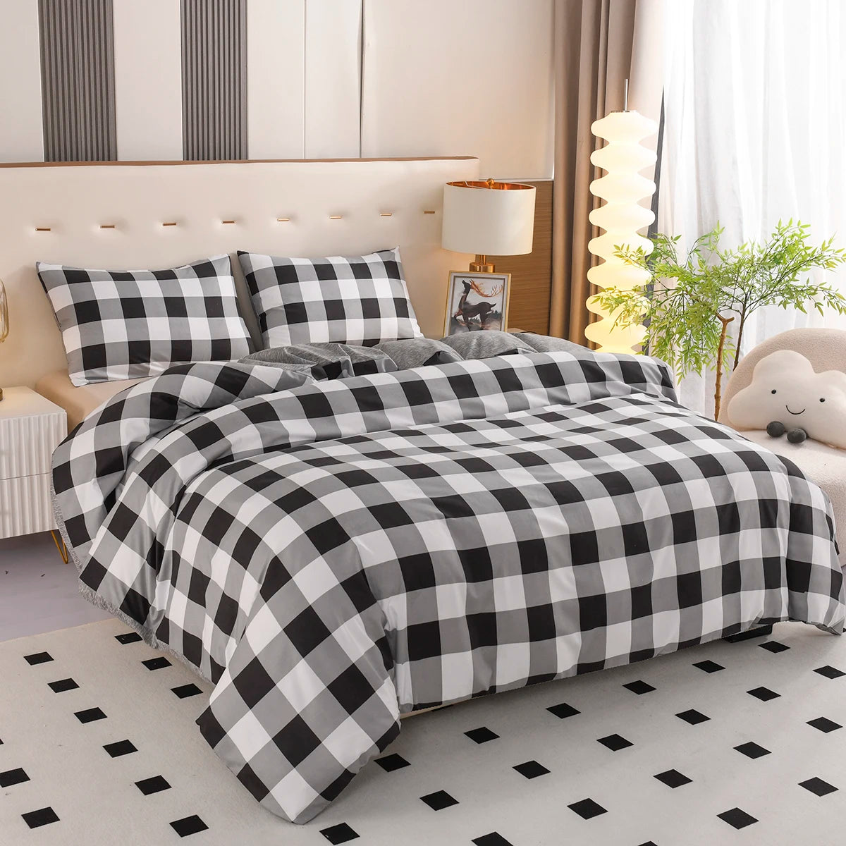 Striped Grey Duvet Cover Twin Queen Size Reversible Neutral Orange Plaid Quilt Cover Geometric Bedding Set Microfiber 3 Pcs Set