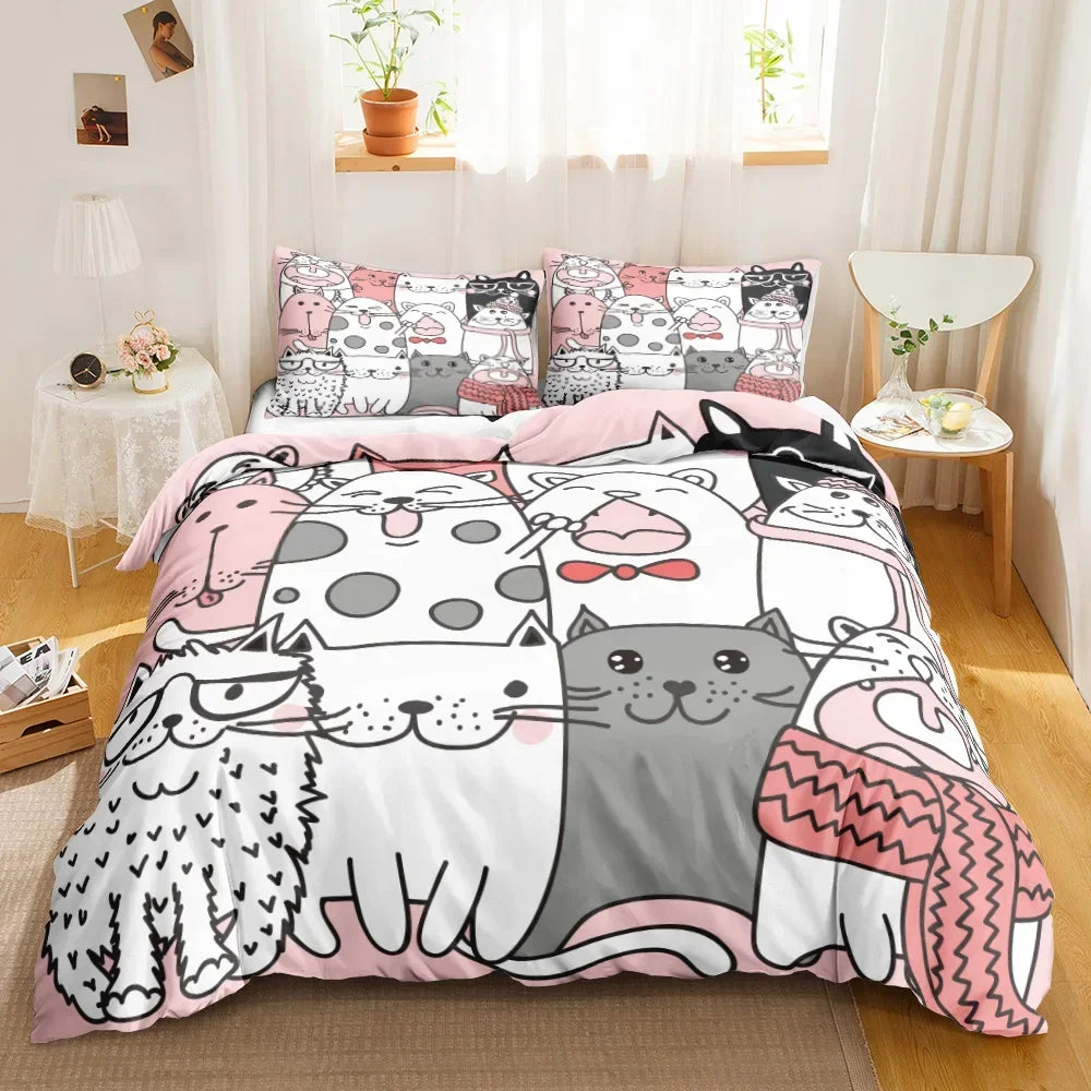 3PCS Single-sided Printed Bedding Set ,Comforter Cartoon Cute Cat Duvet Bedding Cover Pillows Comfortable Bedspreads BeddingSet