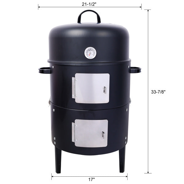 17 Inch Steel Charcoal Smoker, Heavy Duty Round Grill For Outdoor Cooking, Black