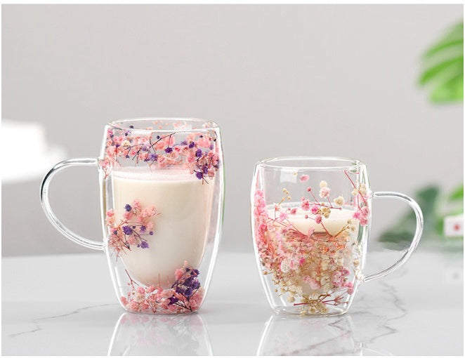 Internet Celebrity Real Flower Double Layer Good-looking Starry Milk Coffee Glass Simple