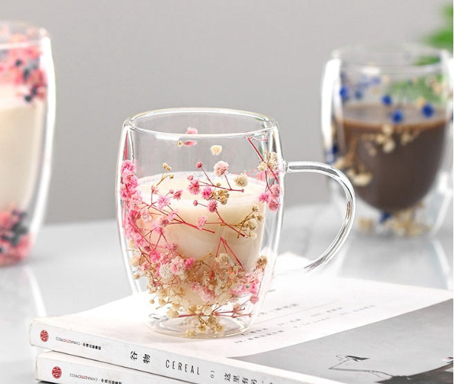 Internet Celebrity Real Flower Double Layer Good-looking Starry Milk Coffee Glass Simple